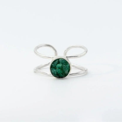 Silver 950 double-band ring with a round, raw Colombian emerald centerpiece.