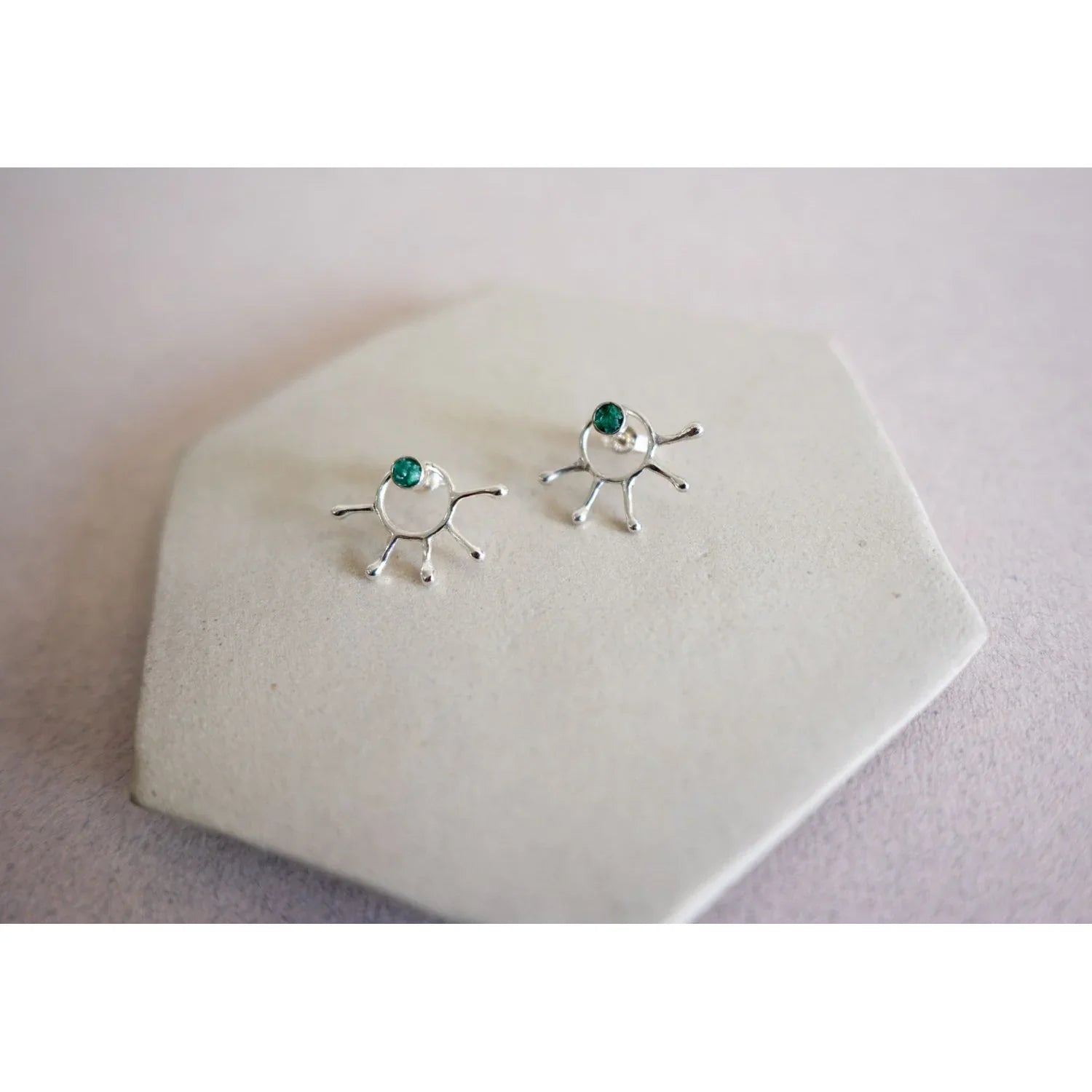 Silver 950 "fosforos" earrings with small Colombian emeralds, handcrafted and eco-friendly.