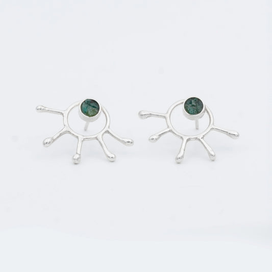 Silver 950 ear climber earrings with five prongs and a round Colombian emerald.