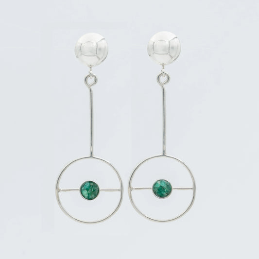 Handmade silver 950 drop earrings with round emeralds and unique poquebola top design.