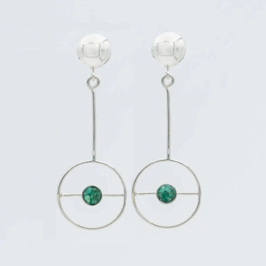 Handmade silver 950 drop earrings with round emeralds and unique poquebola top design.