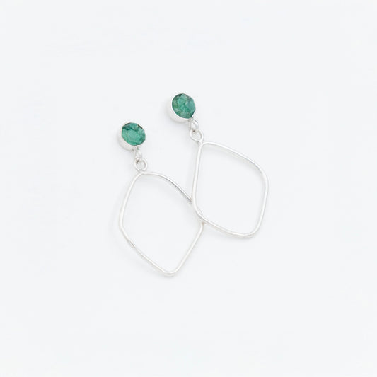 Handmade recycled 950 silver earrings with raw Colombian emeralds and open rhombus drop design.