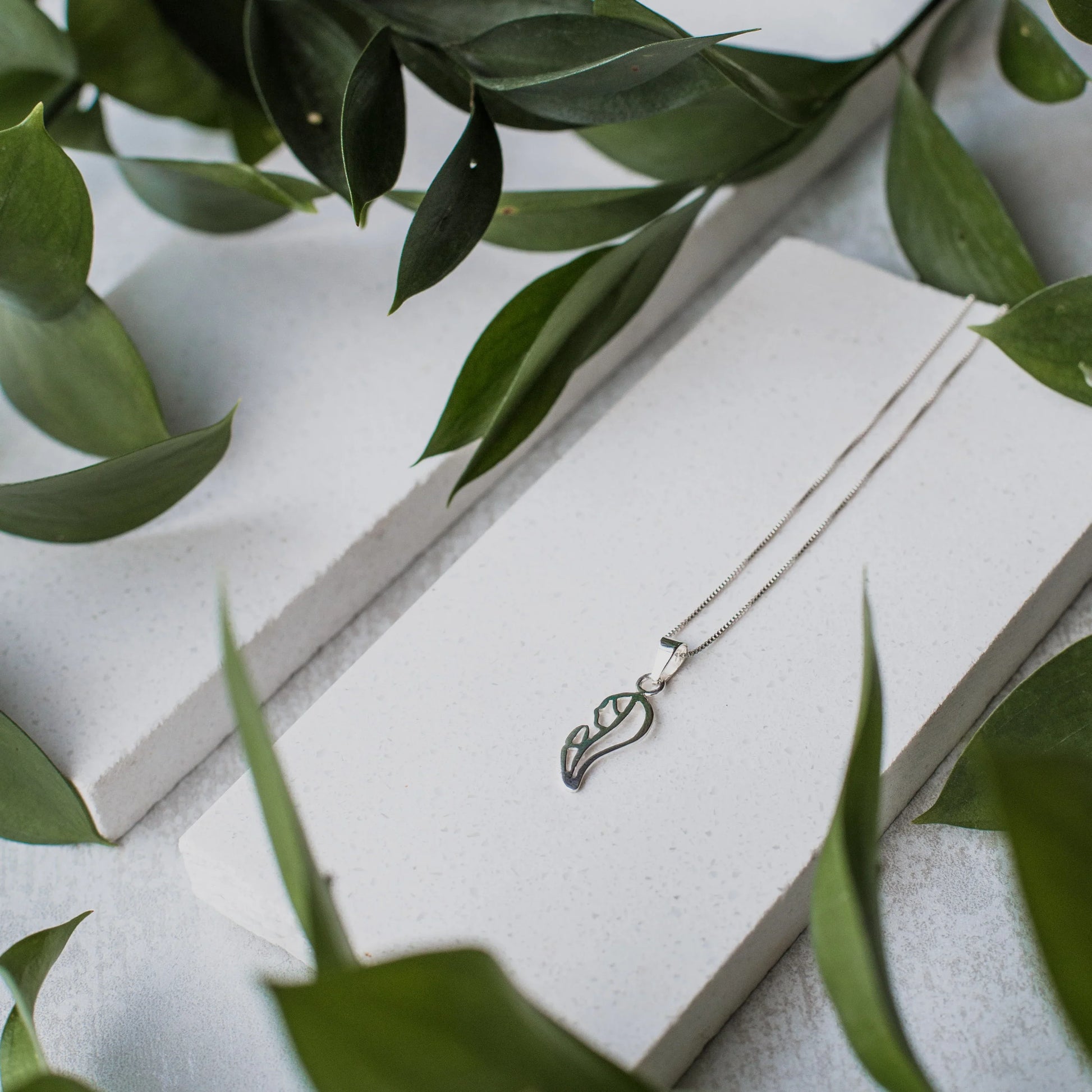 Silver 950 Virgin pendant necklace with a delicate chain, displayed on white blocks with green leaves.